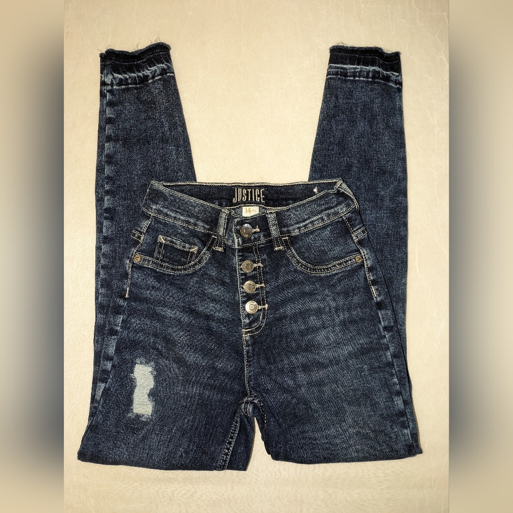 Girls 14 Slim Justice High Rise Button Fly Frayed Hem Distressed Dark Wash Jeans